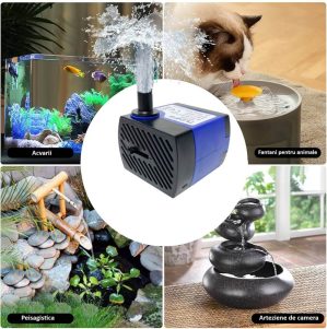 Mini pompa de apa submersibila 350 litri/ora ideala pentru mini fantani arteziene de apartament, functioneaza silentios ca pompa submersibila mica si mini pompa apa eficienta, fiind o excelenta pompa de recirculare a apei pentru decoruri interioare linistitoare.